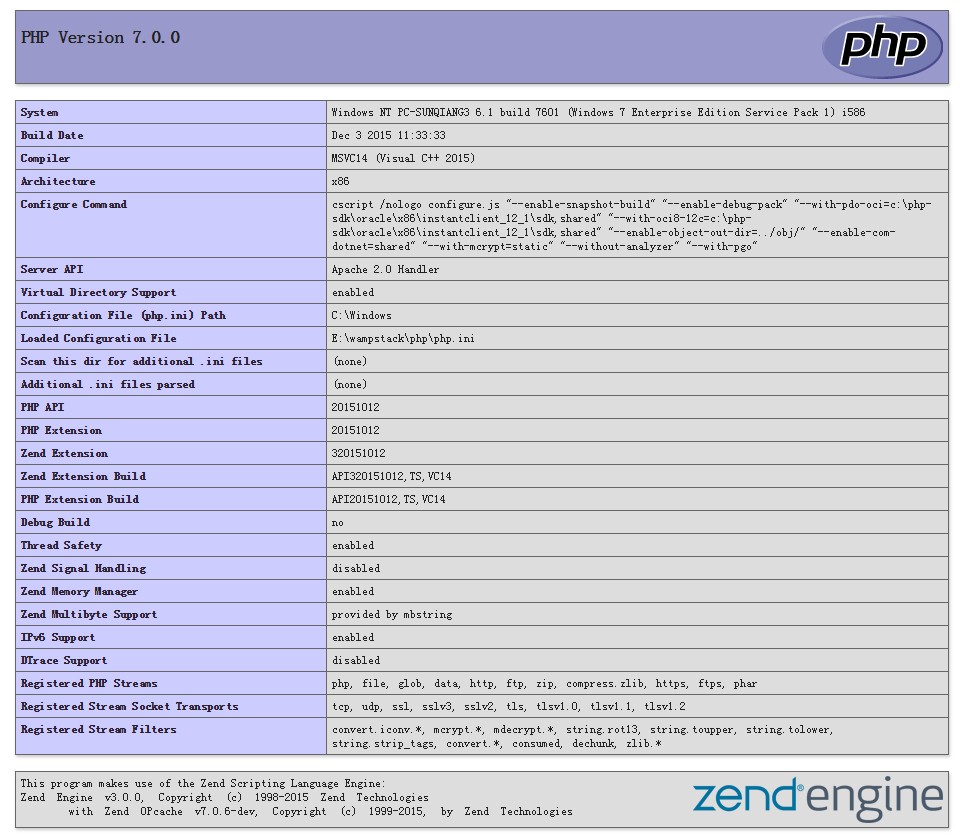 PHP 7 安装配置信息